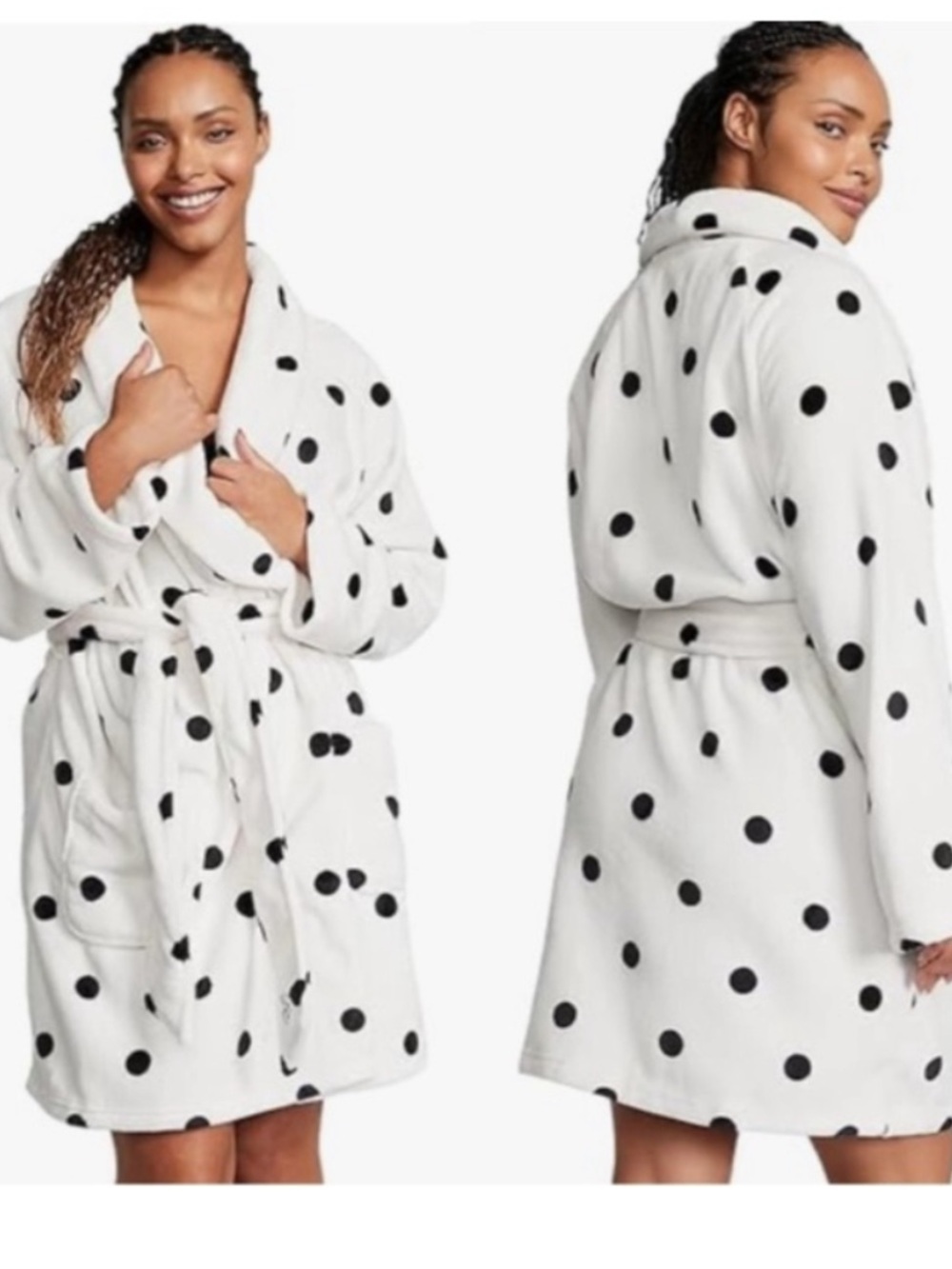 NWT PINK VICTORIA’S SECRET COZY ROBE XL XXL PLUSH FLEECE WHITE BLACK POLKA DOTS